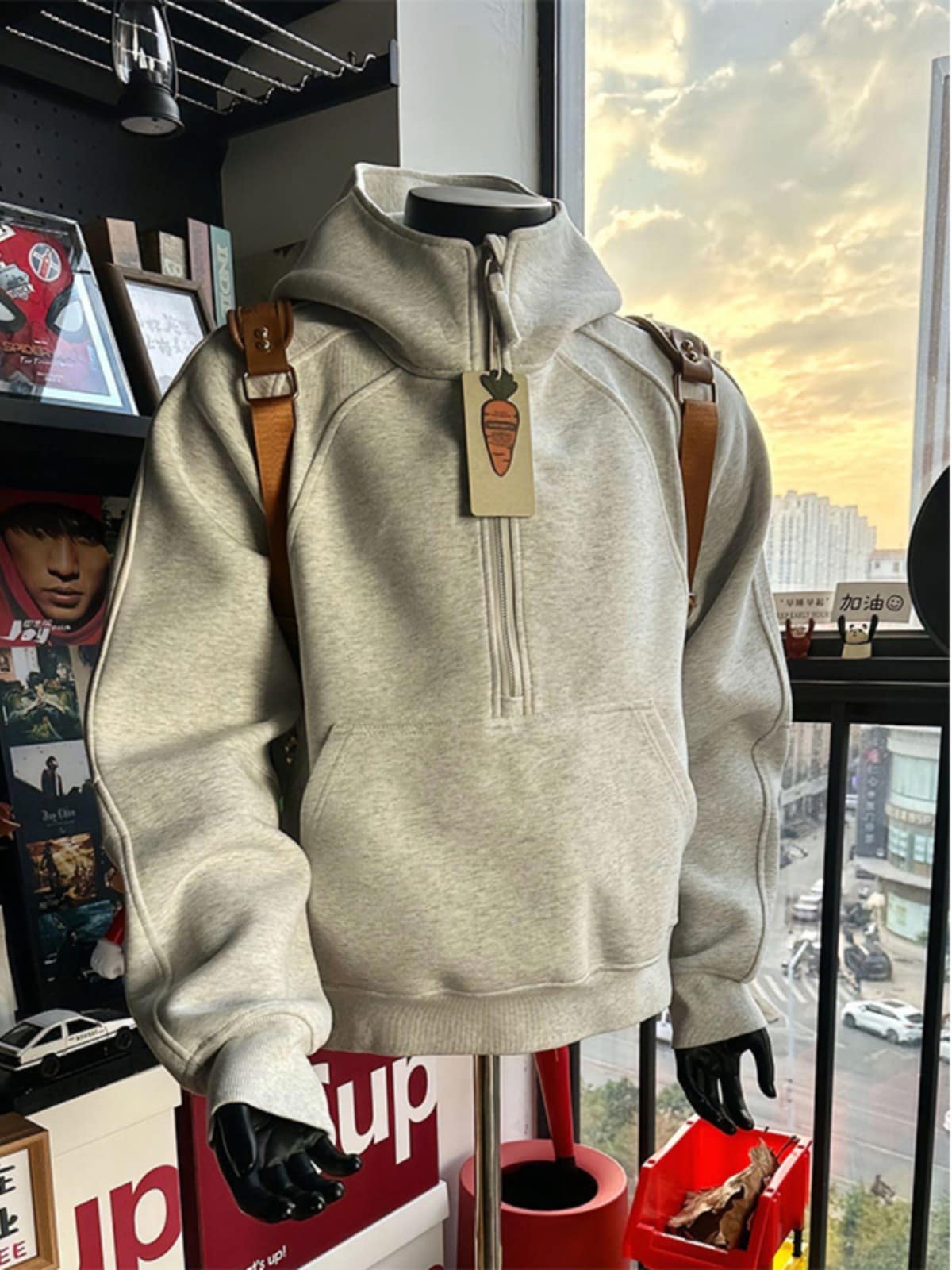 American style half zip stand up collar sweatshirt for men, autumn niche deconstruction jacket, cleanfit heavyweight stiff hoodie