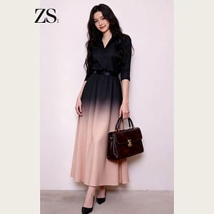 ZS Summary 2026 Super Hot Outfit A complete set of light luxury black shirt top & gradient high-waisted midi skirt set