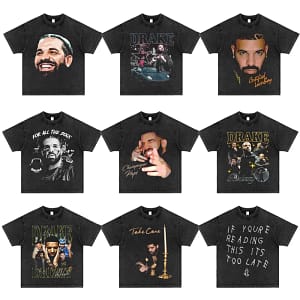 Drake Vintage Tee Digital Print American Casual Vintage Pure Cotton Short-Sleeve Top